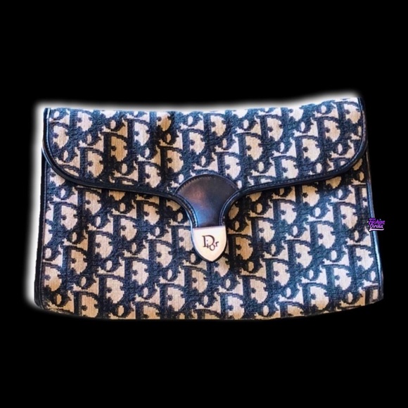 Vintage Christian Dior Blue Gold & Black 70’s Oblique Jacquard Logo Flap bag - Picture 8 of 16